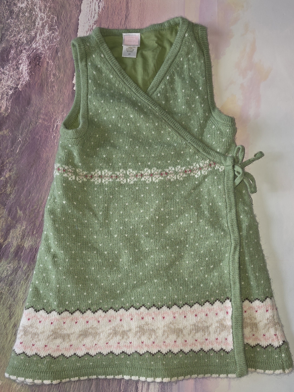 NWOT Janie and Jack Green Knit Wrap Dress with Cream and Pink Border